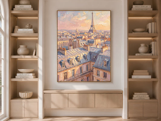 Paris Wall Art, Impasto Oil Painting Print, Eiffel Tower Sunset Rooftops - Digital Download