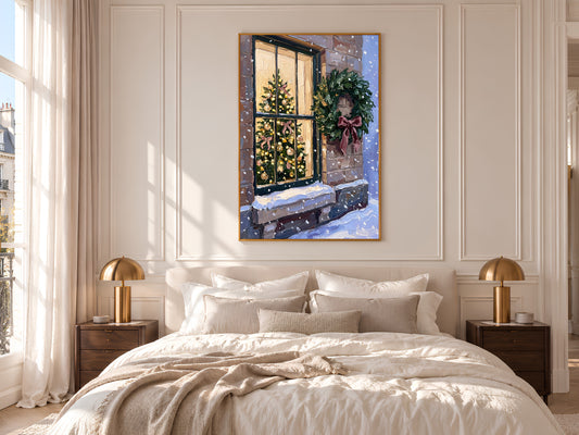 Christmas Window Painting Print, Snowy Winter Scene with Wreath and Christmas Tree, Pink Bow Holiday Wall Art, Printable Digital Download