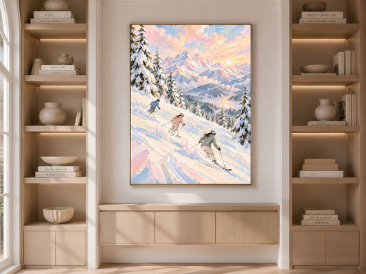 Ski Mountain Wall Art, Impasto Oil Painting Print - Digital Download