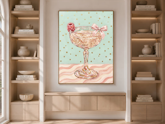 Champagne Coupe Wall Art, Pink Bow Coquette Oil Painting Print - Digital Download