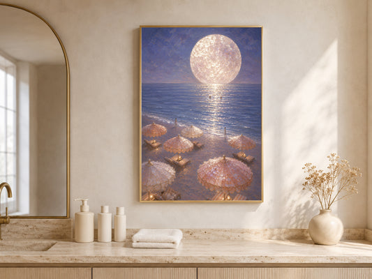 Moonlit Beach Wall Art, Coastal Grandmother Print - Digital Download