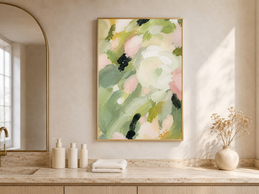 Sage Green Abstract Floral Painting, Blush Pink Botanical Wall Art - Digital Download