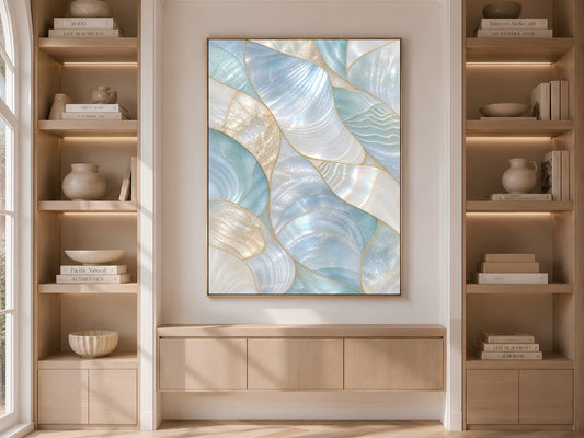 Aqua Mother of Pearl Wall Art, Seafoam Iridescent Shell Print, Coastal Bathroom Decor, Patina Blue Poster, Beach House, Instant Download