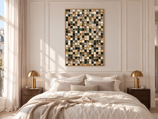 Dark Green and Gold Mosaic Tile Wall Art Print, Abstract Glass Tile Grid Painting, Printable Earthy Neutral Decor, Digital Download