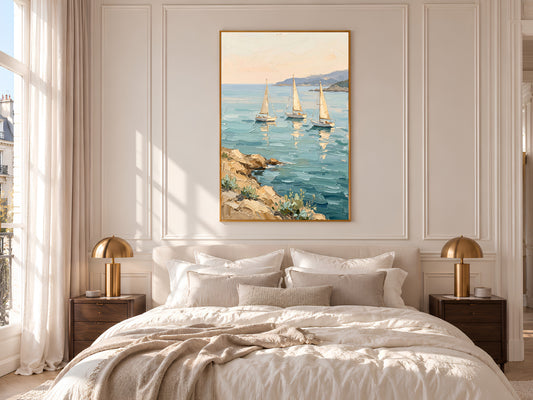 Sailboat Painting Print, Mediterranean Coastal Wall Art, Turquoise Sea and Rocky Shore, Impasto Oil Style Printable, Digital Download
