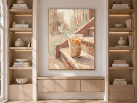 Iced Coffee Wall Art, Impasto Oil Painting Print, Fine Art Still Life Kitchen Decor - Digital Download