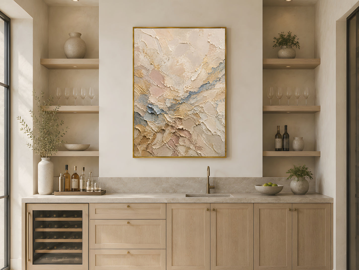 Neutral abstract impasto wall art print in a gold frame above open kitchen shelving in a warm neutral Scandinavian kitchen with wood accents and ceramics