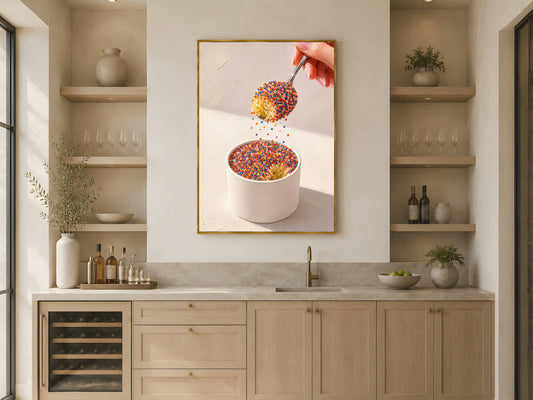 Viral dot cake close-up wall art print in a gold frame above open kitchen shelving in a warm neutral Scandinavian kitchen with wood accents and ceramics