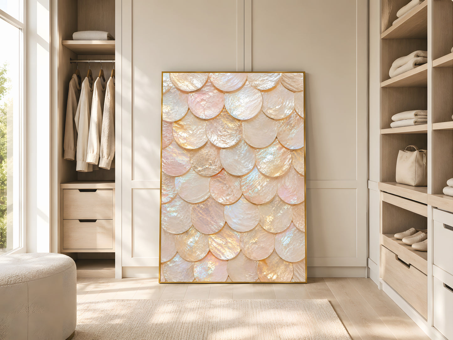 Mother of pearl capiz shell print in gold frame in elegant neutral dressing room with warm light