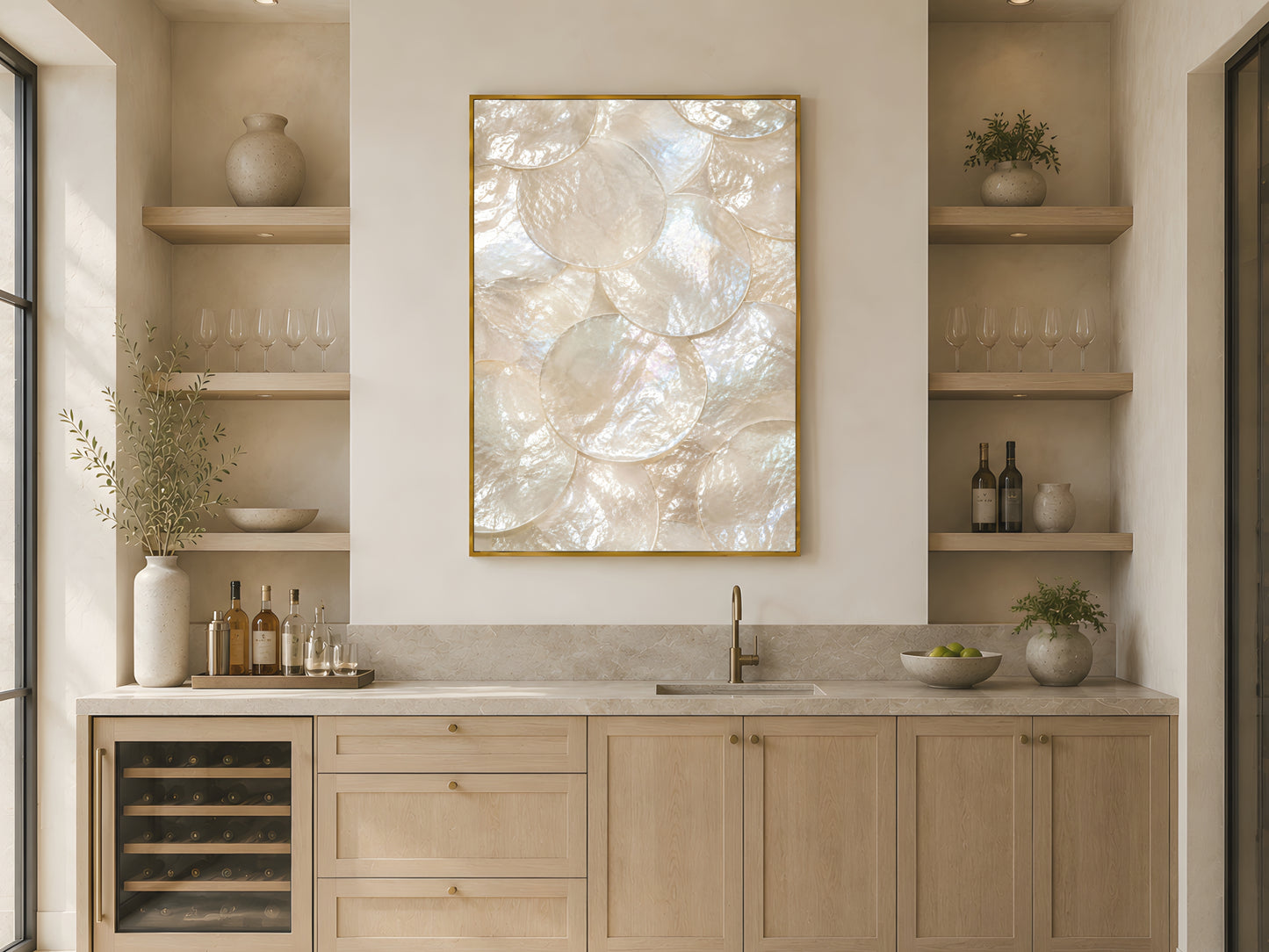 Mother of pearl iridescent shell wall art in gold frame above open shelving in warm Japandi kitchen with light wood cabinetry and wine fridge