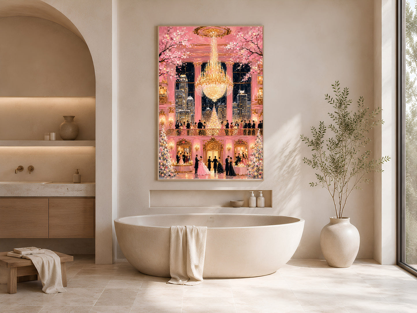Pink fairytale ballroom chandelier print in gold frame beside freestanding bathtub in bright neutral bathroom with vase