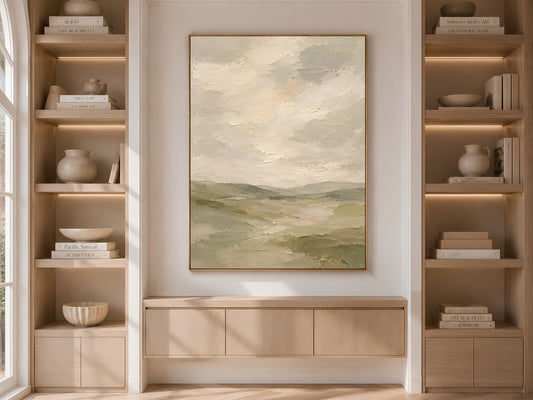 Sage green misty hills landscape wall art print displayed above a built-in cabinet between bookshelves