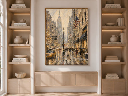 NYC wall art framed and displayed in built-in bookshelf nook with neutral decor and books