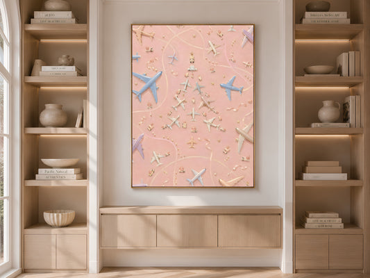 Pink airplane Christmas tree wall art framed and displayed in built-in wood shelving with books and decor