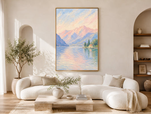 Italian lake painting framed above a cream sofa in a sunlit living room.