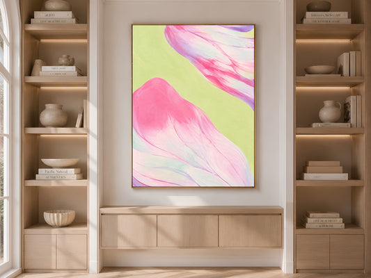 Pink and purple abstract art in built-in bookshelf, maximalist neutral living room decor