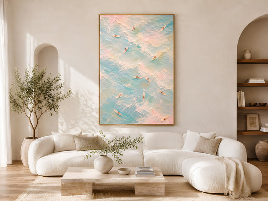Coastal surfer wall art in gold frame above a cream sofa in a bright Mediterranean living room with olive tree