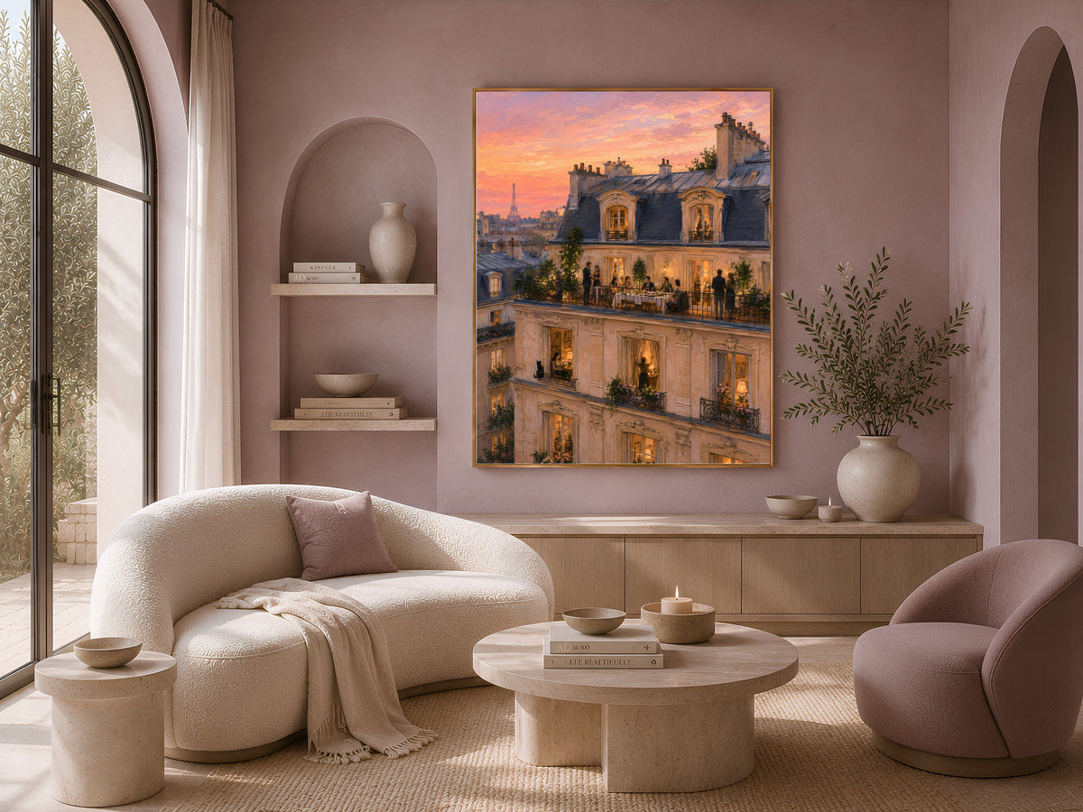 Paris sunset wall art framed above cream sofa and armchairs in living room