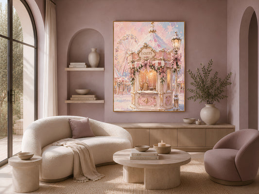 Whimsical ferris wheel print framed above a curved boucle sofa in a warm mauve living room