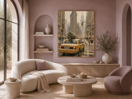 Flatiron Building Christmas wall art framed print in cozy living room with round pouf ottoman