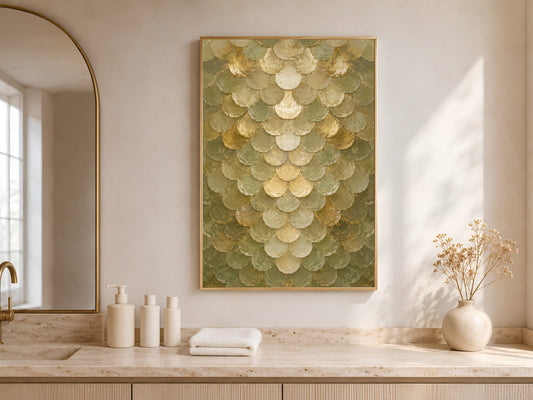 Sage green capiz shell wall art above marble bathroom vanity with candles
