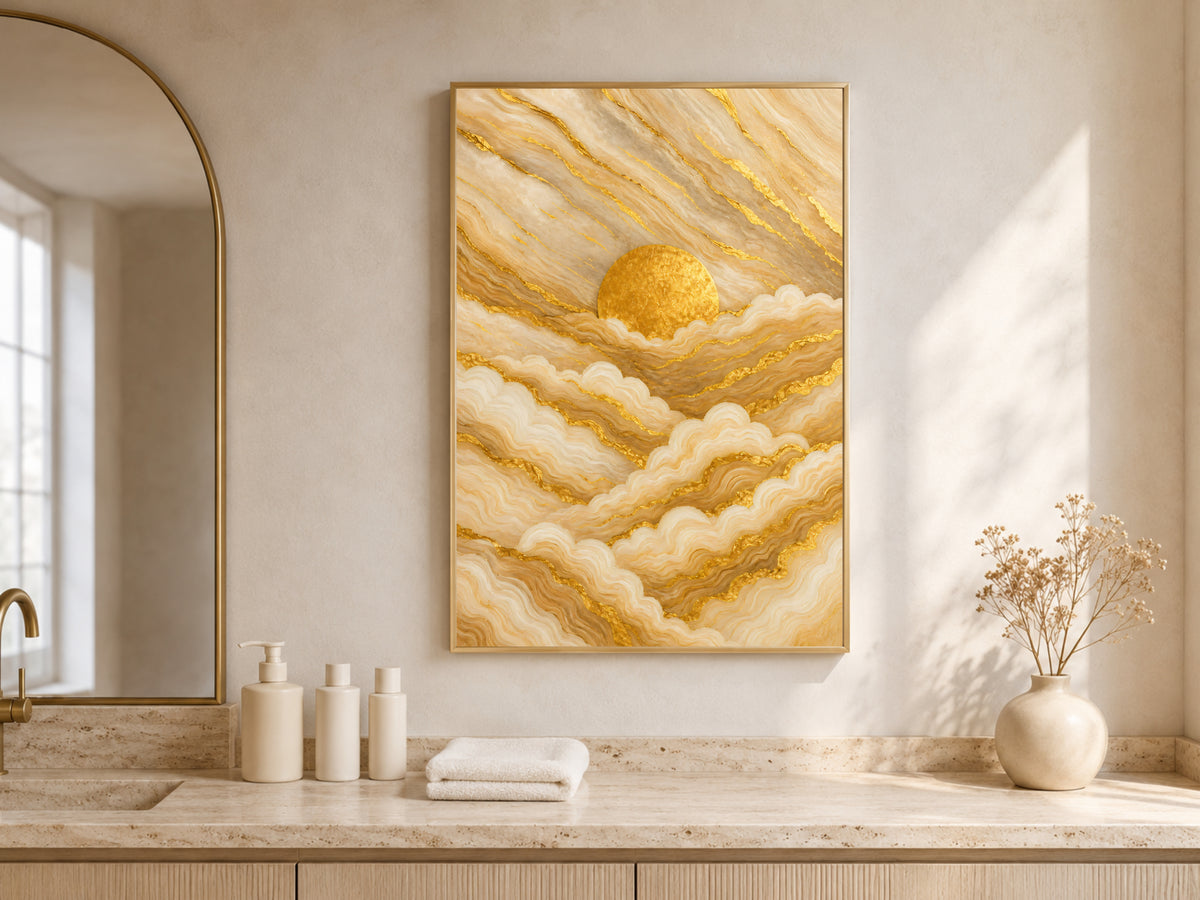 Gold marble abstract wall art framed above a marble bathroom counter, luxury sunrise cloud painting print