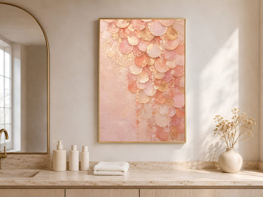 Blush pink capiz shell wall art above marble bathroom vanity with candles