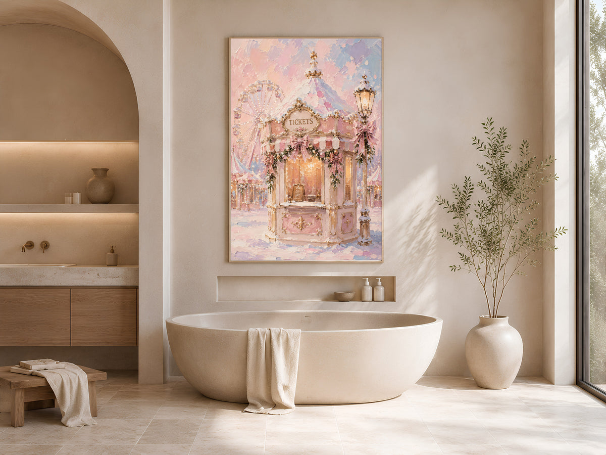 Dreamy pink carousel print framed above an oval soaking tub in a neutral arched bathroom
