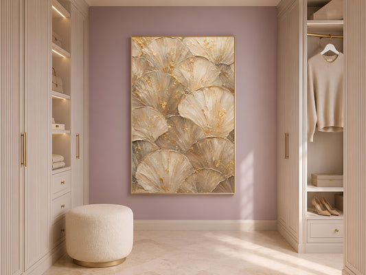 Ginkgo leaf print framed in gold displayed in neutral closet with open shelving