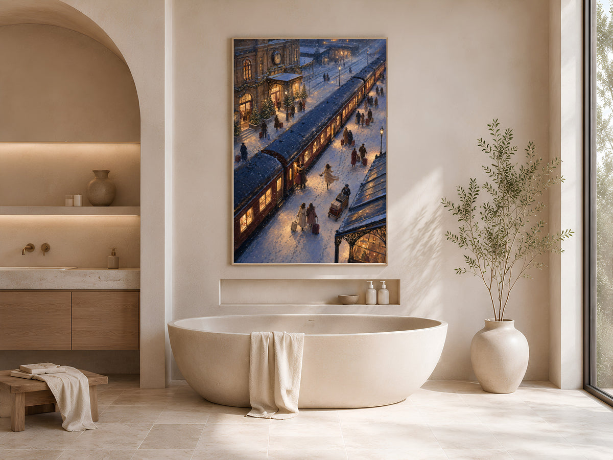 Train station painting framed above soaking tub in neutral arched bathroom alcove