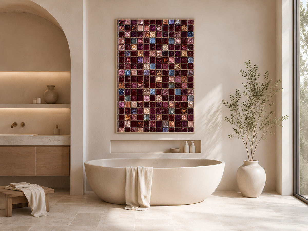 Jewel Tone Mosaic Wall Art, Burgundy Gold Tile Print - Digital Download