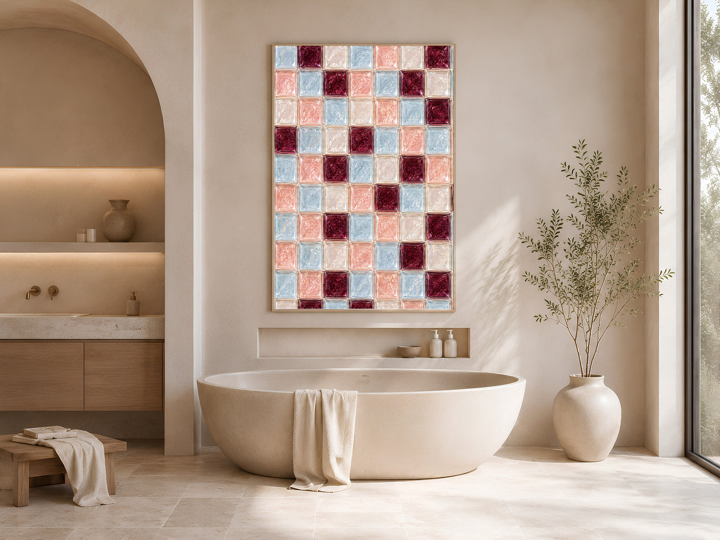 Powder blue and blush checkerboard tile art framed above a bathtub in a neutral bathroom