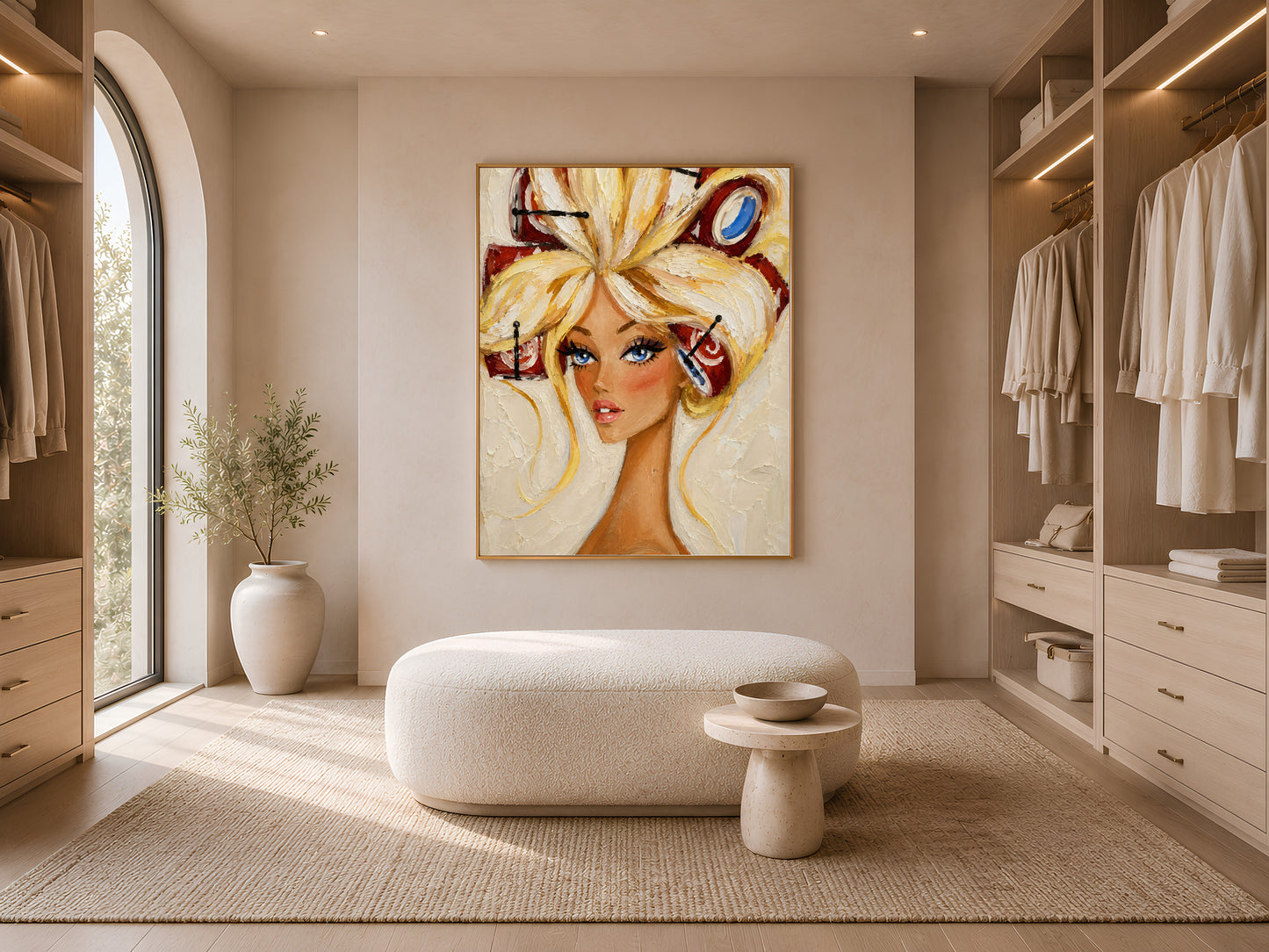 Framed retro pin-up hair rollers portrait above a bench in a light, minimalist walk-in closet.