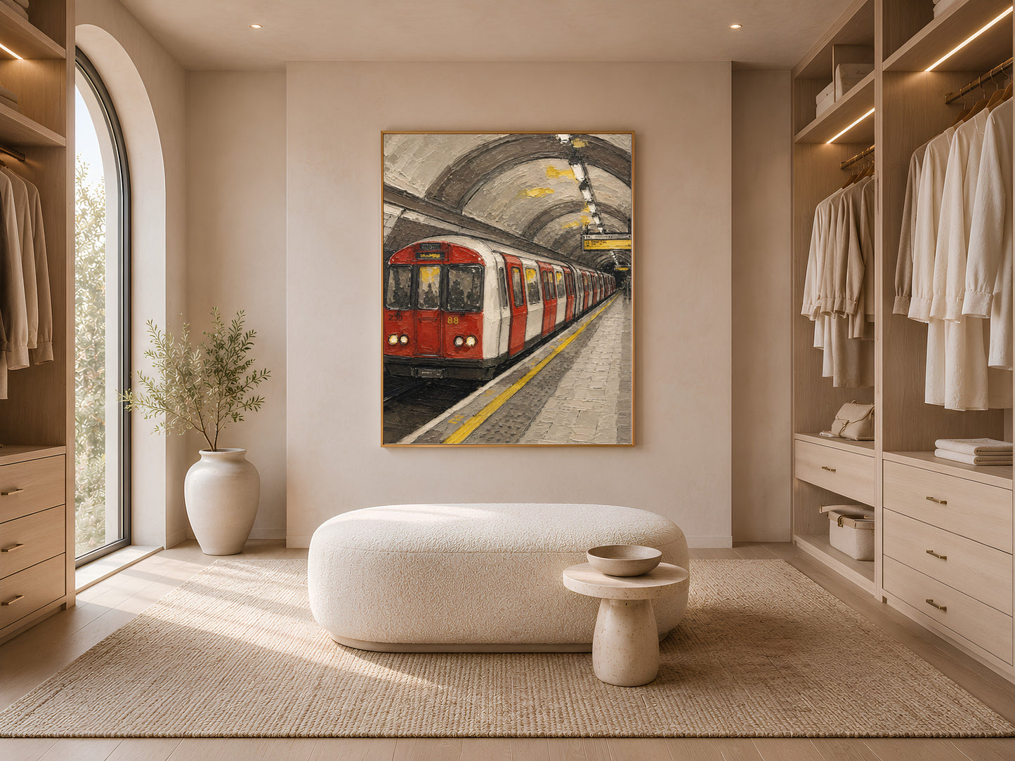 Textured London Underground tube train print in a gold frame on a closet wall, impasto painting for a neutral walk-in closet