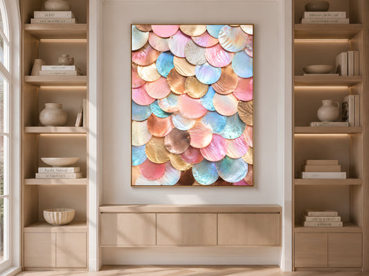 Rose gold and blush mermaid scale wall art framed above a console table between built-in bookshelves