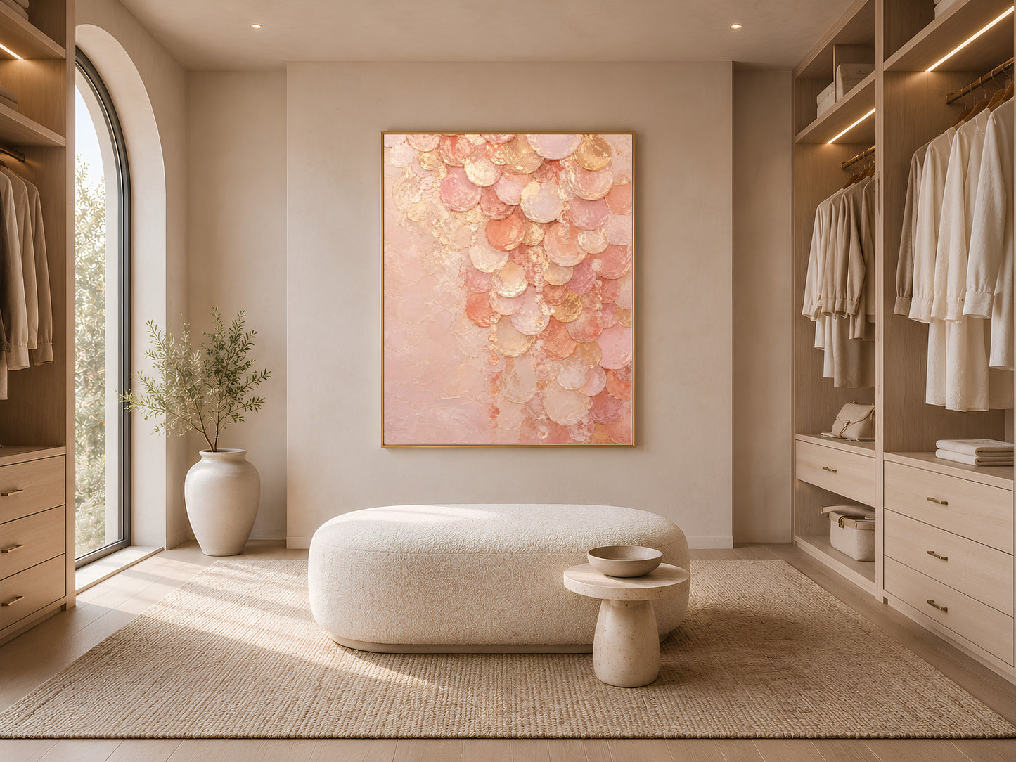 Blush pink capiz shell wall art in walk-in closet with open shelving