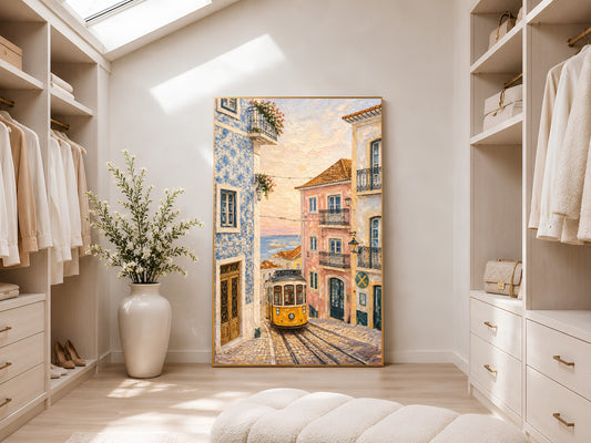 Portugal tram wall art printable displayed in a luxurious neutral walk-in closet with Mediterranean-inspired decor and soft natural light.