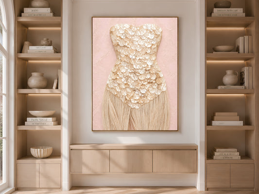 Champagne mother of pearl wall art framed in gold, displayed within light wood built-in shelving.