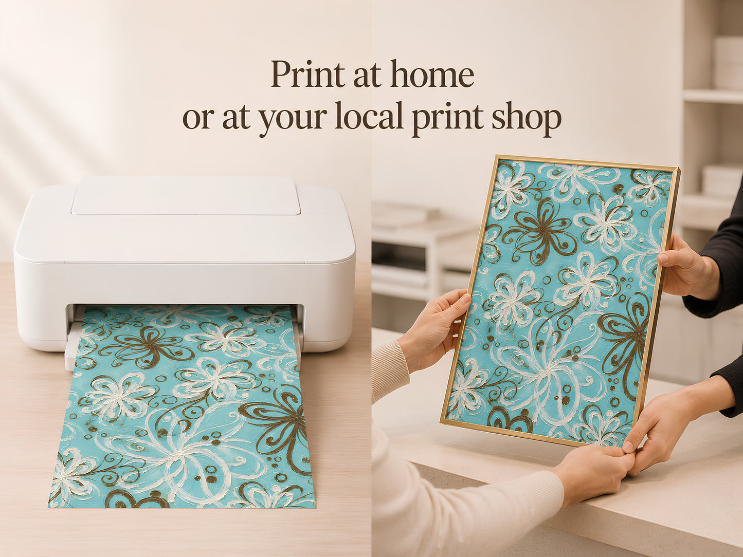 Hands holding printed turquoise retro swirl floral art coming out of home printer with print at home text overlay