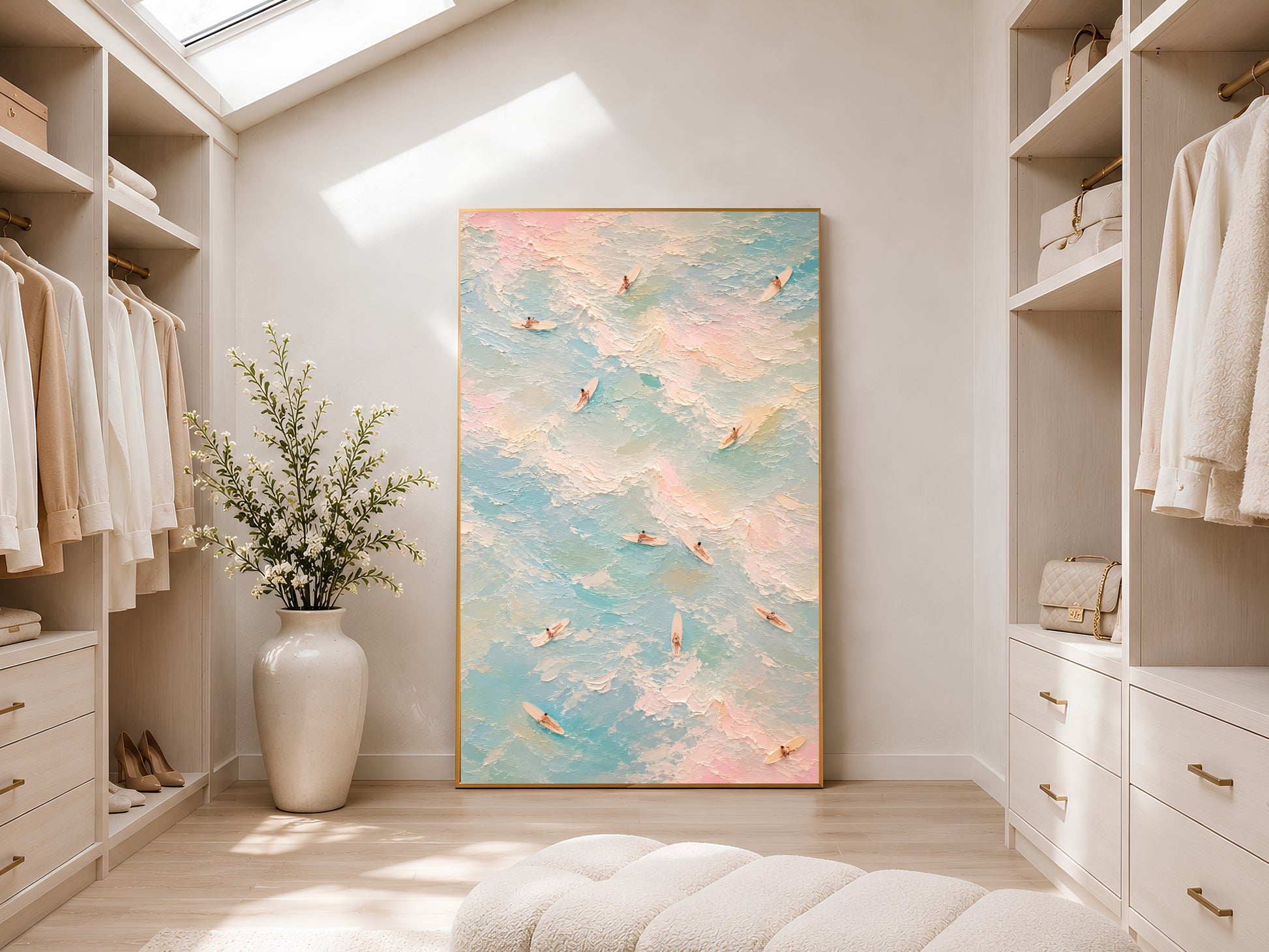 
Aerial surf poster in gold frame displayed in a bright neutral walk-in wardrobe with open shelving