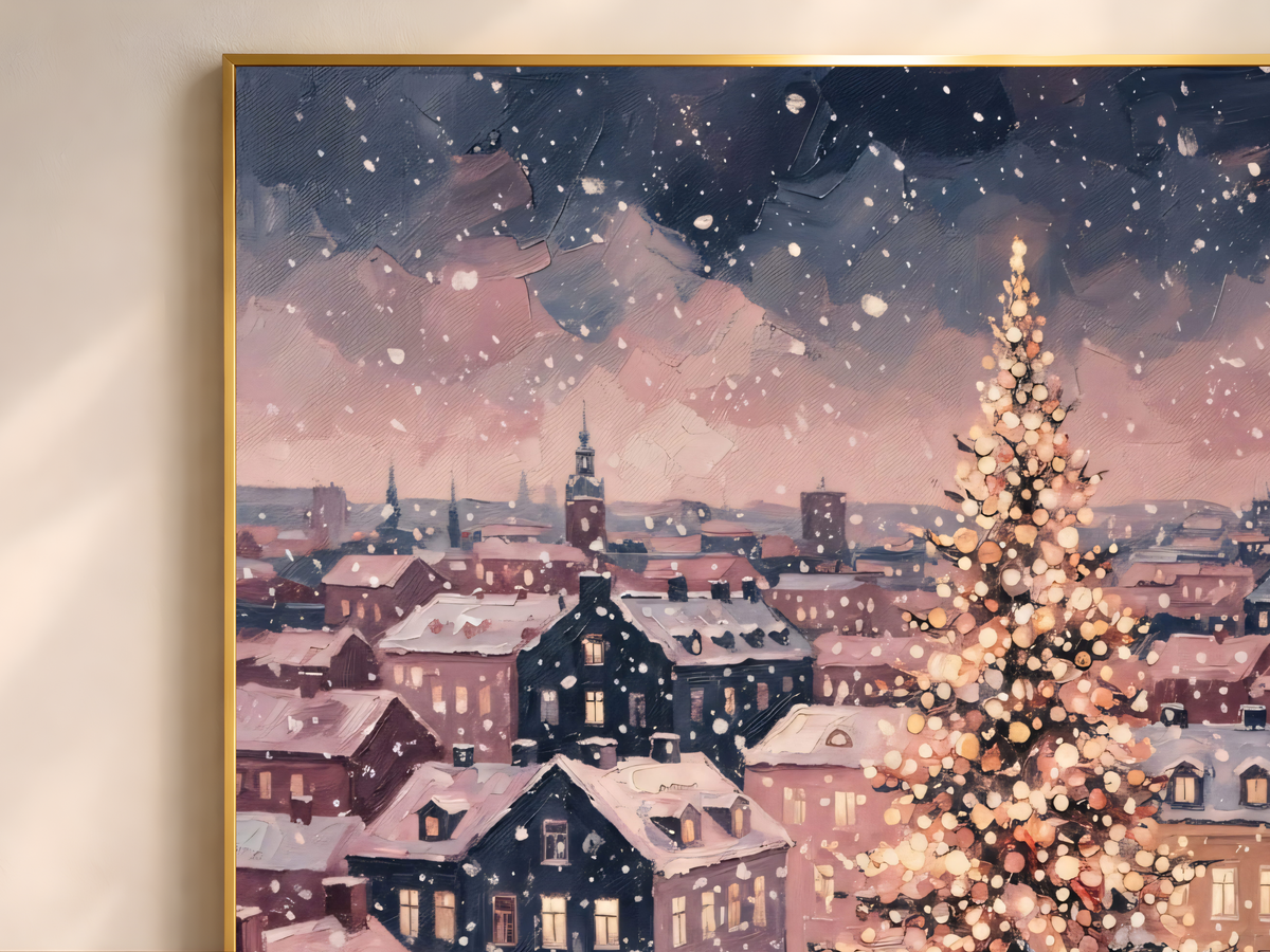 European Christmas Village Wall Art, Snowy Town Square Print - Digital Download