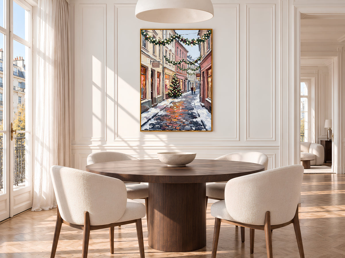 Christmas Street Painting Print, Snowy European Village with Garlands and Christmas Tree, Cozy Holiday Wall Art, Printable Digital Download