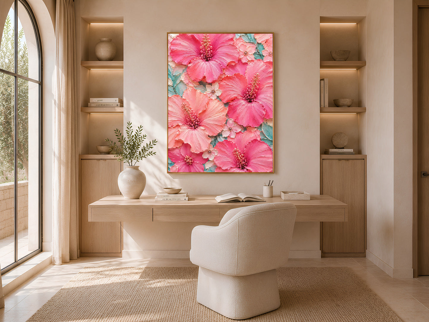 Pink hibiscus wall art displayed above a wooden desk in a bright home office nook
