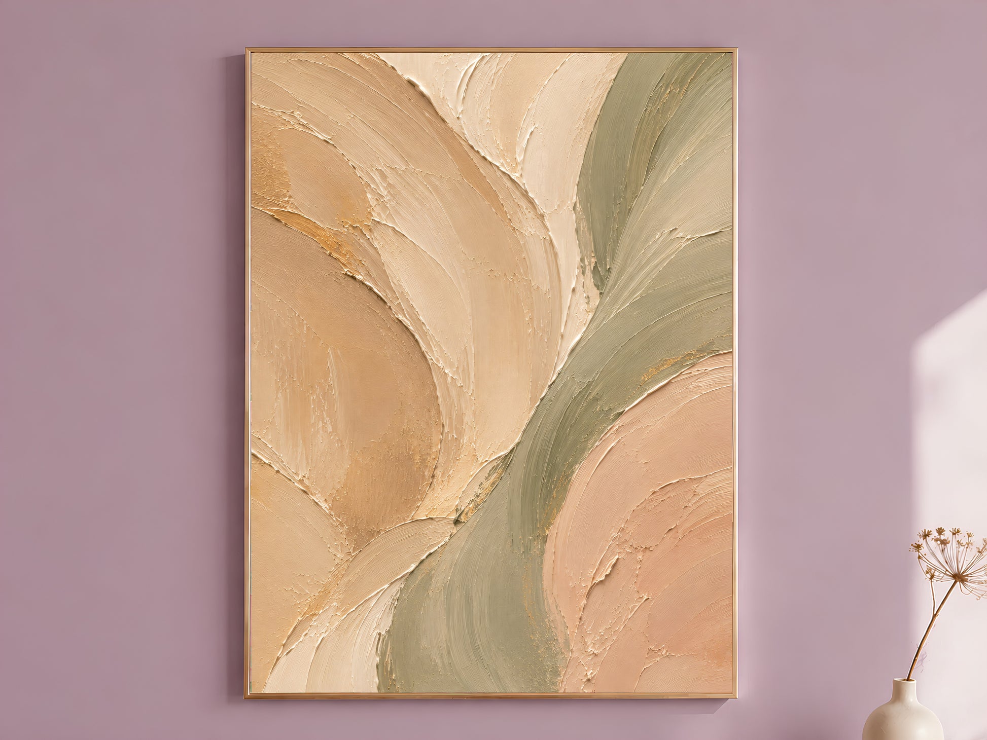 Sage green beige neutral abstract impasto wall art in gold frame on mauve wall with dried flower stems
