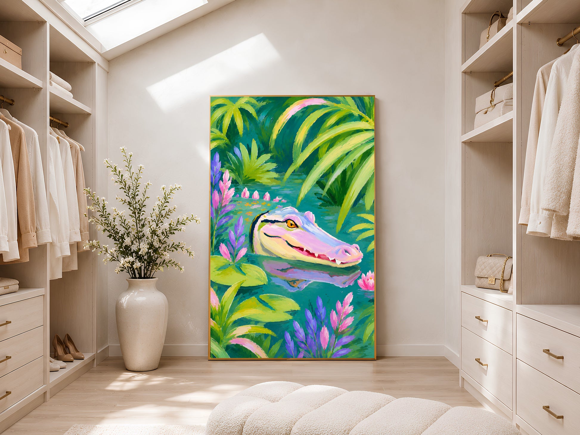 Colorful alligator wall art in a gold frame leaning against shelving in a bright white wardrobe or dressing room with warm wood flooring
