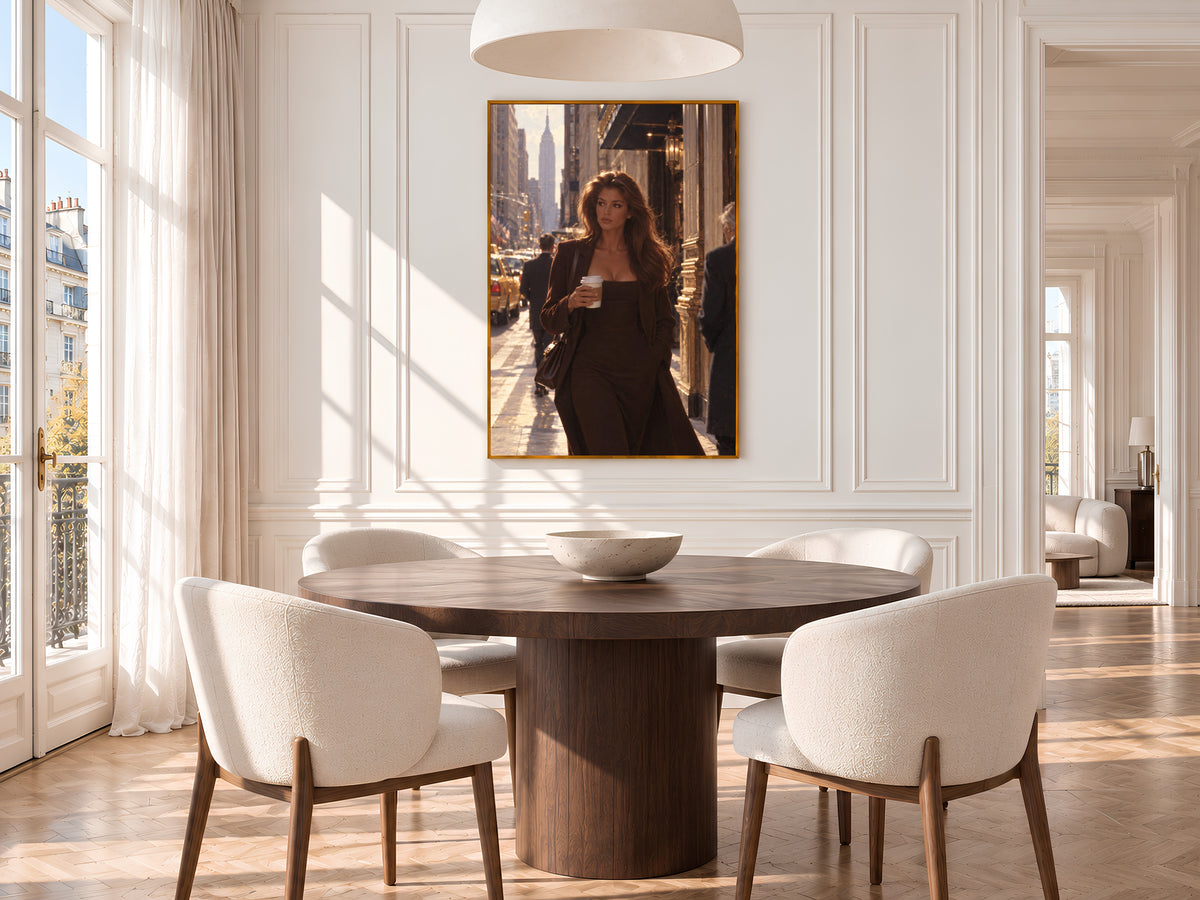 New York City Girl Wall Art, Woman with Coffee Painting, Warm Brown Fashion Print, Digital Download