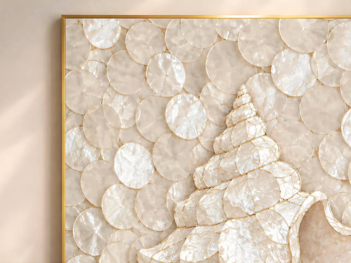 Conch Shell Mosaic Wall Art, Gold Line Seashell Print - Digital Download