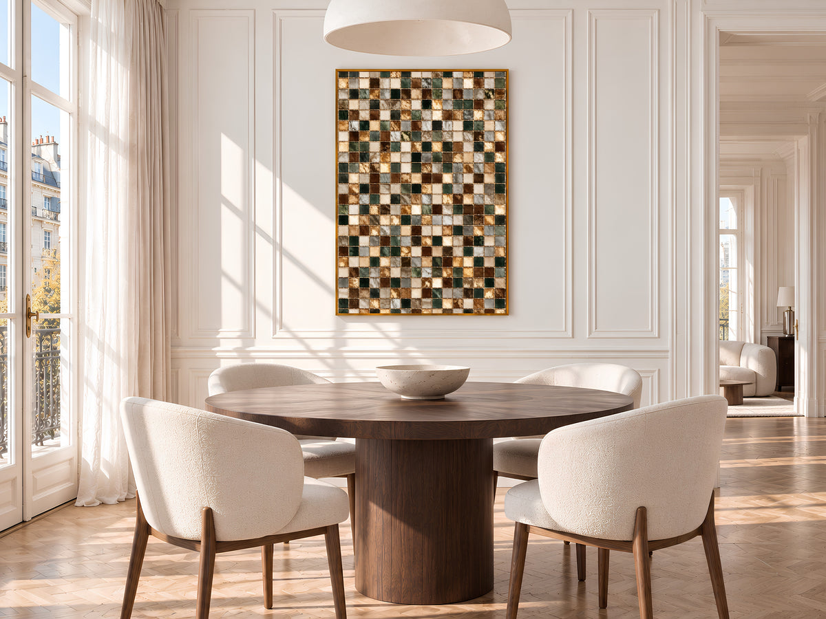 Brown and Green Mosaic Tile Wall Art Print, Earth Tone Tile Grid Painting with Gold Lines, Printable Warm Neutral Decor, Digital Download