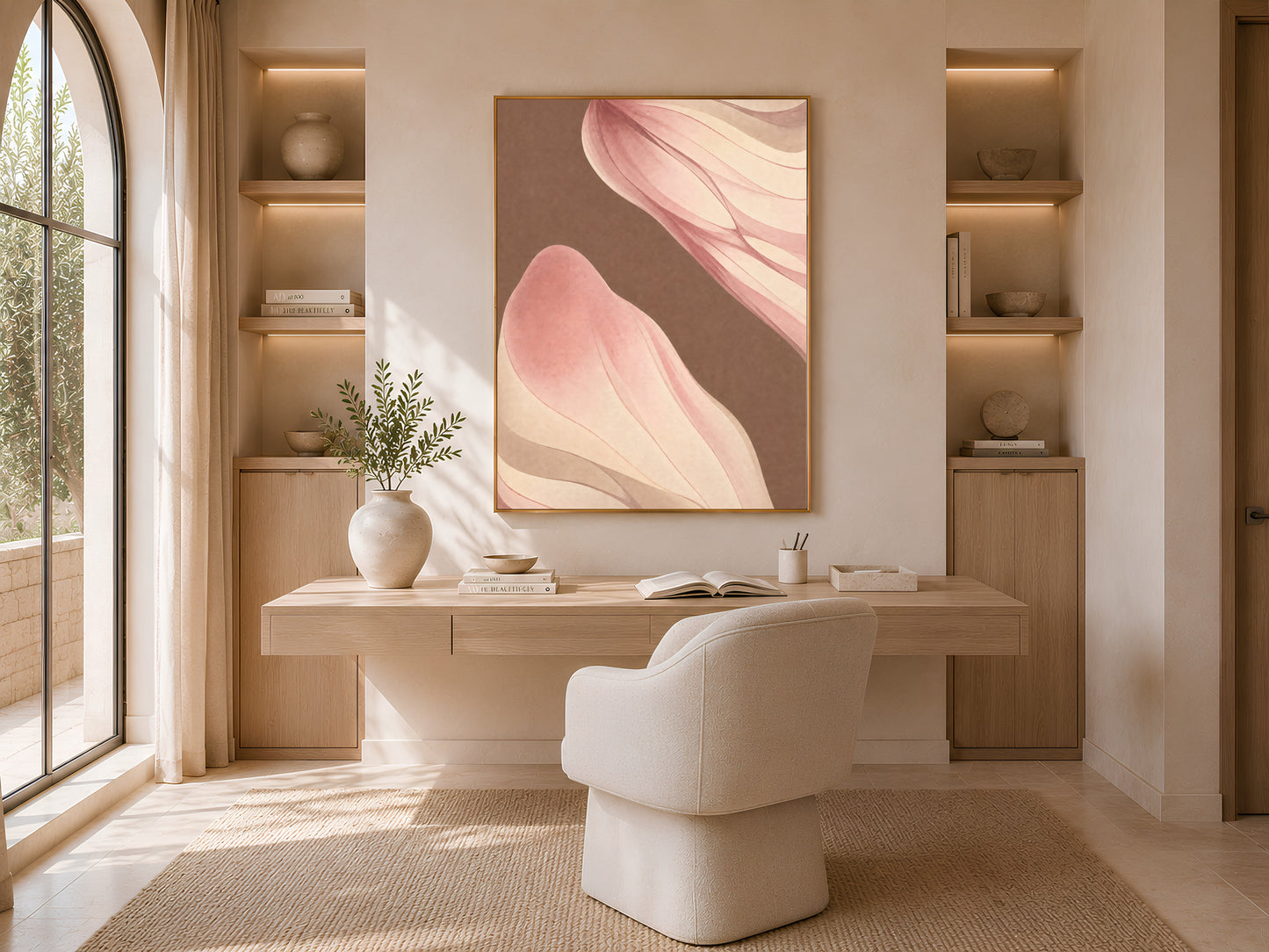Dusty rose and mocha ribbon wall art framed in a sunlit nook with an arched window and plant