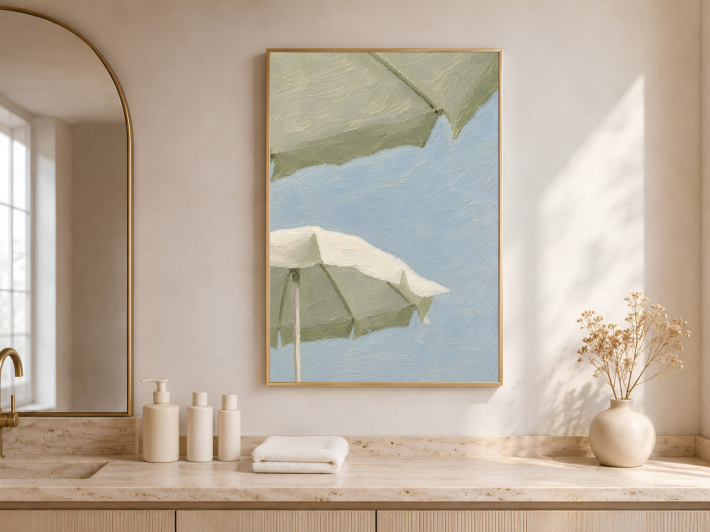 Sage green beach umbrella impasto print in a wood frame displayed on a minimalist console table with warm sand tones, neutral ceramic vases, and soft natural light
